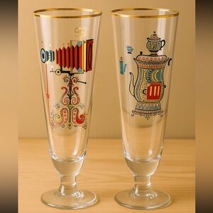 Vintage 1950s Georges Briard “Hobbies of Yesteryear” Pilsner Glasses 2 MCM